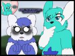  4:3 amy_the_mystgoose better_version_at_source blue_body blue_eyes blue_fur blush comic confusion darknetic dialogue duo embarrassed emmanuel_the_zangoose english_text eyebrows female feral fluffy fluffy_tail fur hybrid makeup male male/female meowstic multicolored_body multicolored_fur mystgoose nintendo outside pok&eacute;mon pok&eacute;mon_(species) raised_eyebrow text thinking turquoise_fur two_tone_body two_tone_fur video_games white_body white_fur zangoose 
