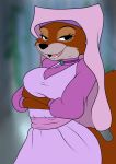  anthro bedroom_eyes blurred_background breasts canid canine choker clothed clothing digital_media_(artwork) disney female fox fur headdress hi_res jewelry joykill looking_at_viewer maid_marian mammal narrowed_eyes necklace orange_body orange_fur robin_hood_(disney) seductive smile solo waterfall 