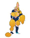  2021 big_breasts blackshirtboy blush breasts clothing female fur growth hi_res human human_to_anthro lagomorph leporid mammal mid_transformation muscle_growth nipples open_mouth rabbit simple_background solo species_transformation surprise torn_clothing transformation white_background yellow_body yellow_fur 