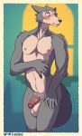  2021 anthro athletic athletic_anthro athletic_male balls beastars blush bodily_fluids border canid canine canis claws flaccid foreskin genitals humanoid_genitalia humanoid_penis ill_dingo inside legoshi_(beastars) looking_at_viewer male mammal navel nipples nude penis pubes scar solo standing sweat sweatdrop text uncut url white_border window wolf 