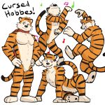  2021 anthro calvin_and_hobbes dancing english_text eyebrows felid fur hands_on_hips hobbes jrjresq male mammal muscular muscular_anthro muscular_male musical_note navel nude open_mouth open_smile pantherine pawpads pecs raised_eyebrow scarf simple_background sitting smile solo standing text tiger tuft white_background 