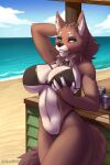  2:3 absurd_res anthro beach big_breasts blue_eyes breast_grab breasts brown_body brown_fur canid canine canis clothing female fur hand_on_breast hi_res mammal ryuroo seaside smile solo swimwear tamara_(castbound) water wolf 