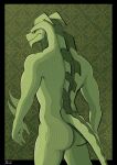  2021 5_fingers anthro back_muscles black_border border butt digital_media_(artwork) dragon epic_games fingers fortnite green_body green_scales green_skin hi_res hybrid_(fortnite) male muscular muscular_anthro muscular_male nude rear_view reptile scales scalie solo spikes standing thesis-white video_games yellow_eyes 