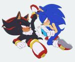 5_fingers 6:5 anthro black_body blue_body blush bodily_fluids chest_tuft clothing eulipotyphlan featureless_crotch fingers gloves green_eyes half-closed_eyes handwear hedgehog hi_res humile inner_ear_fluff male male/male mammal narrowed_eyes phone recording sega shadow_the_hedgehog sonic_the_hedgehog sonic_the_hedgehog_(series) sweat tuft 