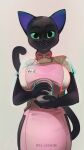 9:16 anthro apron big_breasts black_body black_fur bow_tie breasts clothing coffee_cup cute_fangs domestic_cat felid feline felis feliscede female fur green_eyes hi_res looking_at_viewer mammal name_tag simple_background smile solo void_(feliscede) waiter waitress_outfit 