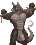  4:5 abs absurd_res anthro balls dragon genitals grey_body hi_res hook horn maldu male melee_weapon muscular muscular_anthro muscular_male nude pecs penis scar simple_background solo sword weapon white_background 