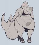  anthro big_breasts bikini bikini_down blush breasts cetacean clothing curvy_figure female fin genitals grey_body hi_res high_heels holding_breast huge_breasts huge_thighs looking_at_viewer mammal marine overweight overweight_anthro overweight_female pubes pussy smile solo standing swimwear tail_fin thick_tail thick_thighs undressing vainovalkea voluptuous wide_hips 
