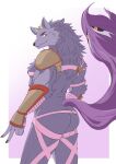  anthro armor bathym butt canid canid_demon canine canis demon fur hi_res horn ioenami88 male mammal muscular muscular_anthro muscular_male purple_body purple_fur solo tokyo_afterschool_summoners unconvincing_armor video_games wolf 