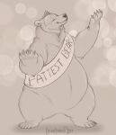  2019 435_holly 5_fingers 5_toes ambiguous_gender bearhybrid belly big_belly biped brown_bear claws crown dated digital_media_(artwork) english_text eyebrows eyes_closed featureless_crotch feet female_(lore) feral finger_claws fingers front_view fur grey_background greyscale mammal monochrome overweight overweight_ambiguous overweight_feral plantigrade sash semi-anthro signature simple_background smile solo standing story story_in_description text tiara toe_claws toes ursid ursine 