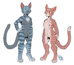  2018 4_toes animal_genitalia annoyed anthro balls biped blue_eyes breasts claws countershading digital_media_(artwork) digitigrade dipstick_tail domestic_cat duo feet felid feline felis female fingers flat_chested fully_sheathed fur genitals geordian grey_body grey_fur hand_on_hip hayven_celestia long_tail male mammal multicolored_tail nipples nude pose pussy rick_griffin sheath signature simple_background standing striped_body striped_fur striped_tail stripes toes white_background yellow_eyes 