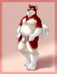  2018 alaskan_malamute anthro balls_outline belly black_nose bravo bulge canid canine canis clothing detailed_bulge domestic_dog fur genital_outline hi_res jockstrap male mammal nordic_sled_dog overweight overweight_male penis_outline red_body red_fur simple_background solo spitz underwear white_body white_fur 