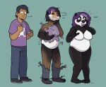  2016 anthro blackshirtboy bottomwear breast_growth breasts clothing female footwear gender_transformation giant_panda growth hair hi_res human human_to_anthro male mammal mtf_transformation nude pants purple_hair sequence shirt shoes simple_background slightly_chubby species_transformation standing surprise tongue tongue_out topwear transformation ursid weight_gain 