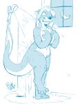  2018 4_toes anthro biped blue_and_white breasts claws feet female grimace hair hand_on_chest inside long_hair lutrine mammal monochrome moon mustelid night nude on_one_leg one_leg_up raised_leg rick_griffin shocked shower shower_head shower_hose showering sketch standing teeth toe_claws toes water wet wince window 