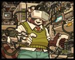  2021 anthro biped bottomwear brown_body brown_fur clothing detailed_background fur hi_res humanoid_hands inside male mammal pants procyonid raccoon raymodule shirt slightly_chubby solo topwear vr_headset 