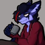  2021 aeri_aosune anthro beverage blue_body blue_fur blue_hair canid canine cheek_tuft chest_tuft clothed clothing coffee countershading cup curled_hair ear_piercing edgeartstation eyeshadow facial_tuft female fox frown fur hair hellstorm highlights_(coloring) holding_cup holding_object icon inner_ear_fluff makeup mammal markings multicolored_body multicolored_fur piercing reaction_image short_hair sitting solo stare sweater topwear tuft two_tone_body two_tone_fur 