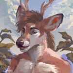  absurd_res anthro brown_body brown_fur cervid cloud ears_up fluffy_ears fur glowing glowing_ears green_eyes greennie head_tuft hi_res horn leaf looking_at_viewer looking_pleasured male male/male mammal open_mouth open_smile portrait sky smile solo teeth tuft white_body white_fur 