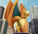  2019 anthro better_version_at_source big_breasts big_butt biped breast_squish breasts building butt chari-gal charizard city digital_media_(artwork) duo fan_character female genitals holding_breast horn looking_at_viewer looking_back macro nintendo nude orange_body outside paintchaser pok&eacute;mon pok&eacute;mon_(species) pok&eacute;morph pussy rear_view scalie squish text thick_thighs url video_games wings 