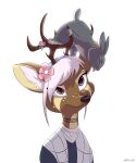  2021 anthro antlers blep brown_body brown_fur cervid clothed clothing duo eyes_closed fur grey_body grey_fur horn inner_ear_fluff lagomorph leporid mammal rabbit ribbontini signature simple_background tongue tongue_out tuft white_background 