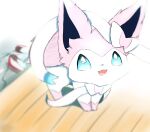  ambiguous_gender blue_eyes blue_sclera eeveelution fangs feral fluffy fluffy_tail fur hi_res mammal markings_(fur) nintendo open_mouth paws pink_body pink_fur pok&eacute;mon pok&eacute;mon_(species) ribbons simple_background smile snoiifoxxo solo sylveon tuft video_games white_body white_fur 