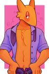  2:3 aardvark blush blush_lines chest_tuft clothed clothing formal_clothing hi_res lidded_eyes male mammal necktie open_clothing open_shirt open_topwear pants_being_undone paulpfree pinstripe pubes shirt solo topwear tuft undone_belt undone_tie 