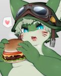  &lt;3 2021 anthro blue_eyes blush burger chubby_male clothing eyewear food goggles hat headgear headwear male mofuaki obese open_mouth overweight solo 