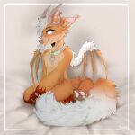  anthro bedding bedding_background canid canine collar dragon fluffy fluffy_tail fox fur furred_dragon grey_background horn hybrid kneeling looking_back male mammal pawpads paws pink_pawpads rorokykyroi simple_background solo tongue wings 