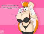  anthro big_breasts bra breast_squish breasts clothing dialogue dressing english_text female hi_res huge_breasts lagomorph legwear leporid looking_at_viewer mammal mklancer00 panties rabbit sega solo sonic_the_hedgehog_(series) sound_effects squish stockings text underwear vanilla_the_rabbit 