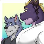  absurd_res anthro black_clothing black_horn black_shirt black_topwear blonde_hair blue_eyes canid canine canis clothing digital_drawing_(artwork) digital_media_(artwork) dragon duo facial_spikes fur gervic_(vju79) grey_body grey_fur hair hi_res horn inner_ear_fluff looking_aside looking_at_another looking_at_chest male mammal mohawk muscular muscular_anthro muscular_male nervous nervous_sweat pupils purple_body purple_scales scales scalie shaded shirt signature simple_shading slit_pupils spikes spikes_(anatomy) tight_clothing topwear tuft vju79 vlagg_(vju79) white_clothing white_shirt white_topwear wolf yellow_eyes 