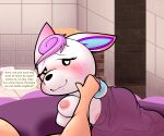  &lt;3 &lt;3_eyes absurd_res after_sex animal_crossing anthro bed blush cervid dialogue diana_(animal_crossing) duo english_text female fingers fireplace furniture hand_holding hi_res hooved_fingers hooves human male mammal nintendo nipples nude on_bed softestpuffss text under_covers video_games villager_(animal_crossing) 