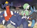  2021 ambiguous_gender anthro anthrofied big_breasts blush breasts crustle eyes_closed feet female garchomp gardevoir group hi_res hot_spring humanoid kame_3 looking_at_viewer looking_back lucario night nintendo nude open_mouth outside partially_submerged pok&eacute;mon pok&eacute;mon_(species) pok&eacute;morph pokemon_unite red_eyes video_games water 