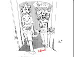  adondis anthro biped bottomwear canid canine canis cel_shading clothed clothing digital_media_(artwork) domestic_cat domestic_dog duo felid feline felis fur graphite_(artwork) hair hallway hi_res humor long_hair male male/male mammal meme open_mouth pants poodle pubes russell(adondis) screentone shaded shorts smile suggestive tongue tongue_out traditional_media_(artwork) walking yawn 