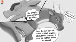 16:9 2021 black_and_white comic dialogue dragon duo ears_back english_text hi_res horn male male/male mammal manfromearth monochrome multicolored_body nude pivoted_ears sad scalie simple_background standing teeth text two_tone_body western_dragon widescreen 