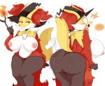  ! &lt;3 2018 amber_eyes ambiguous_gender anthro areola big_breasts big_butt blush breasts butt canid canine clothing delphox digital_media_(artwork) disembodied_hand duo female female/ambiguous fire hat headgear headwear hi_res huge_butt inner_ear_fluff jinu mammal mostly_nude nintendo nipples open_mouth pok&eacute;mon pok&eacute;mon_(species) simple_background slap solo_focus spanking stick thick_thighs tuft video_games white_background witch_hat 