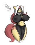  absurd_res anthro anthrofied big_breasts breasts bulge clothed clothing dialogue equid equine fluttershy_(mlp) friendship_is_magic genital_outline gynomorph hair hasbro hi_res huge_breasts intersex mammal my_little_pony nsfwronin nun penis_outline pink_hair solo yellow_body 