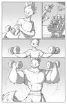  2012 absurd_res anthro biceps big_muscles biped bottomwear canid canine clothed clothing comic conditional_dnp digital_media_(artwork) exercise flexing fluffy fluffy_tail fox growth gym hi_res jollyjack male mammal monochrome muscle_growth muscular muscular_anthro muscular_male solo tight_clothing topwear weightlifting weights workout 