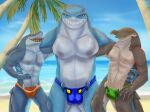  4:3 absurd_res anchor_(finding_nemo) anthro balls_outline beach bruce_(finding_nemo) bulge chum_(finding_nemo) clothing detailed_bulge disney finding_nemo fish genital_outline gradient_background group hi_res invalid_tag looking_at_viewer male male/male marine nipples palm_tree penis_outline pixar plant sea seaside shark simple_background smile smiling_at_viewer swimwear teeth tree trio tropical water weso 