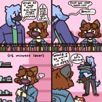  anthro blue_body blue_fur bramble_(katlovesshrimp) brown_hair canid canine canis clothed clothing comic domestic_cat domestic_dog felid feline felis fur hair katlovesshrimp mammal simple_background text 