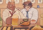  2021 alcohol anthro beer belly bernese_mountain_dog beverage black_body blush bodily_fluids brown_body canid canine canis clothing detailed_background domestic_dog duo eyewear food glasses hi_res humanoid_hands kemono kentachen27 male male/male mammal molosser mountain_dog necktie overweight overweight_male shirt sitting suid suina sus_(pig) sweat swiss_mountain_dog topwear wild_boar 