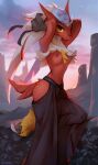  2d10 anthro biped blaziken bottomwear breasts butt_tuft chest_tuft claws clothed clothing cloud detailed_background digital_media_(artwork) digital_painting_(artwork) exposed_butt feathers female fur hair hi_res light long_hair looking_at_viewer mask navel nintendo nipples on_one_leg outside pok&eacute;mon pok&eacute;mon_(species) portrait pose red_body red_feathers shaded signature soft_shading solo standing star sunlight sunset tail_feathers three-quarter_portrait toe_claws topless tuft video_games white_hair yellow_body yellow_fur 