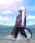  anthro bottomwear clothed clothing cloud demon detailed_background frank_fathih hair hi_res humanoid humanoid_pointy_ears kimero_kat lens_flare long_hair long_tail looking_at_viewer male sea shorts sky solo swimwear water wet wet_body white_hair 