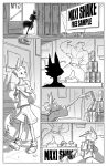  2012 absurd_res anthro backpack beverage_can biped bottomwear canid canine clothed clothing comic conditional_dnp digital_media_(artwork) fluffy fluffy_tail fox gym hi_res jollyjack male mammal monochrome poster skinny solo text topwear 