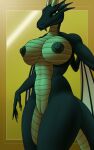  anthro big_breasts breasts colored_nails dragon female genitals green_body green_eyes green_nails green_scales half-closed_eyes hi_res horn kaya_(knockedoutdragon) nails narrowed_eyes nipples nude pussy reptile scales scalie simple_background smile solo standing sweetmeat wings yellow_background 