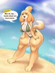  absurd_res animal_crossing anthro beach big_breasts bikini breasts canid canine canis cleavage clothed clothing dialogue domestic_dog female hi_res isabelle_(animal_crossing) mammal nintendo nipple_outline seaside shih_tzu side-tie_bikini solo swimwear toy_dog ttothep_arts video_games wide_hips 