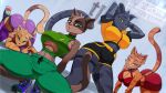  16:9 all_fours anthro ass_up bedroom_eyes blue_eyes breasts brown_body brown_fur butt camel_toe catty_baby cleavage clothed clothing crouching domestic_cat dress dutch_angle ear_piercing ear_ring felid feline felis female fur grey_body grey_fur group hi_res looking_at_viewer mammal maned_lyon midriff_baring_shirt narrowed_eyes navel piercing raised_arms seductive signature smile spread_legs spreading stripes text thick_thighs tiger_lily_(tito_lizzardo) under_boob widescreen yellow_eyes 