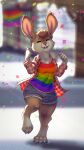  2021 anthro bottomwear brown_body brown_fur brown_hair buckteeth celebration chest_tuft claws clothed clothing confetti digital_media_(artwork) ears_up eyes_closed female flannel_shirt fully_clothed fur hair happy lagomorph leporid lgbt_pride mammal multicolored_clothing open_mouth open_smile paws plaid pride_color_clothing pride_colors rabbit rainbow_clothing short_hair shorts smile solo tasanko teeth tuft 