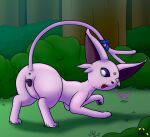  absurd_res animal_genitalia animal_pussy anus butt canine_pussy detailed_background eeveelution espeon female feral forest fur gau_(artist) genitals grass hi_res looking_back lyka_(espeon) mammal nintendo open_mouth outside plant pok&eacute;mon pok&eacute;mon_(species) pok&eacute;mon_mystery_dungeon presenting purple_body purple_fur pussy question ribbons shrub solo text tongue tree video_games 