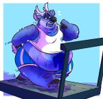  anthro antlers belly belly_overhang blue_background blue_body blue_fur bodily_fluids cervid clothing exercise fur hi_res horn male mammal navel obese obese_anthro obese_male overweight overweight_anthro overweight_male shirt simple_background solo sweat syc tank_top topwear treadmill 