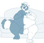  2019 anthro balls belly big_balls bravo canid canine controller furniture game_controller genitals hi_res humanoid_hands male mammal navel overweight overweight_male penis raccoon_dog sitting sofa solo tanuki 