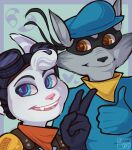  anthro assassyart blue_eyes clothing crossover duo fangs female gloves handwear hi_res insomniac_games lombax male mammal procyonid raccoon ratchet_and_clank rivet_(ratchet_and_clank) selfie sly_cooper sly_cooper_(series) smile smiling_at_viewer sony_corporation sony_interactive_entertainment stripes sucker_punch_productions video_games 