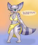  anthro bikini blue_eyes blush breasts cleavage clothed clothing dialogue ear_piercing ear_ring fangs female hi_res insomniac_games lombax looking_at_viewer mammal missing_arm onehandsomefox open_mouth piercing ratchet_and_clank rivet_(ratchet_and_clank) skimpy solo sony_corporation sony_interactive_entertainment speech_bubble stripes swimwear video_games 